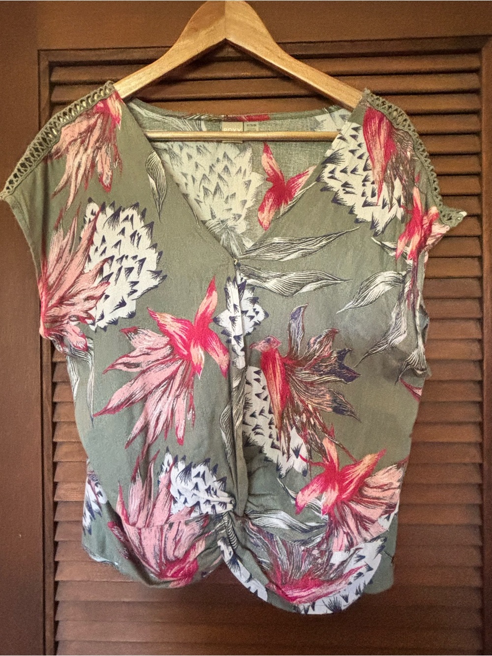 Roxy Olive Green Floral V-Neck Cap Sleeve Top with Pink Flowers